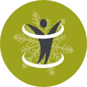 Graphic of a snowflake in a green circle with a stick figure person